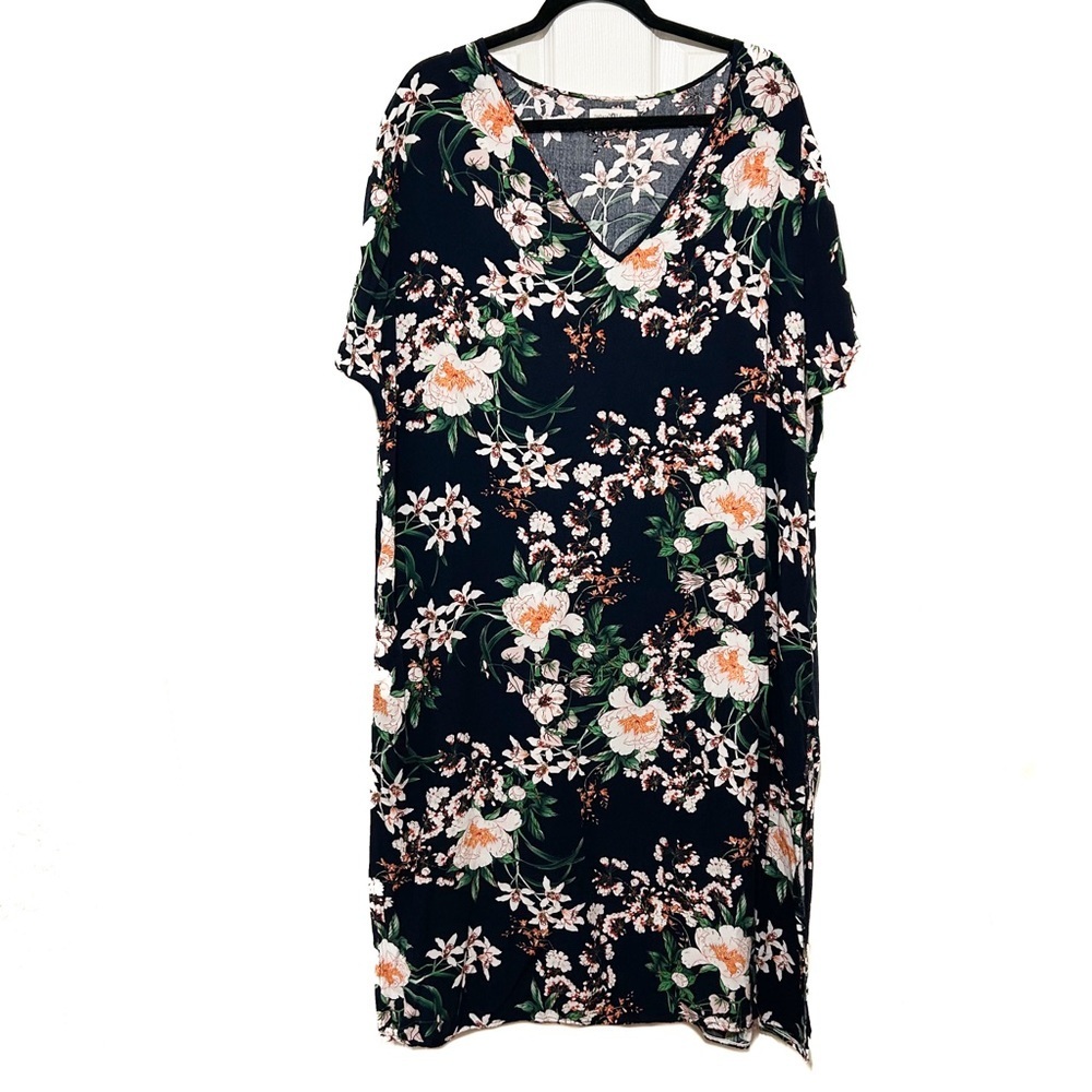 NATURAL LIFE Floral V-Neck Dress Black Lagenlook Rayon Comfy Spring Size XS/S